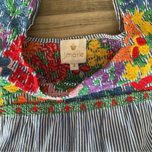 J. Marie Blue White Striped Floral Embroidery Ana Maria Shift Dress Sz S - Picture 4 of 6